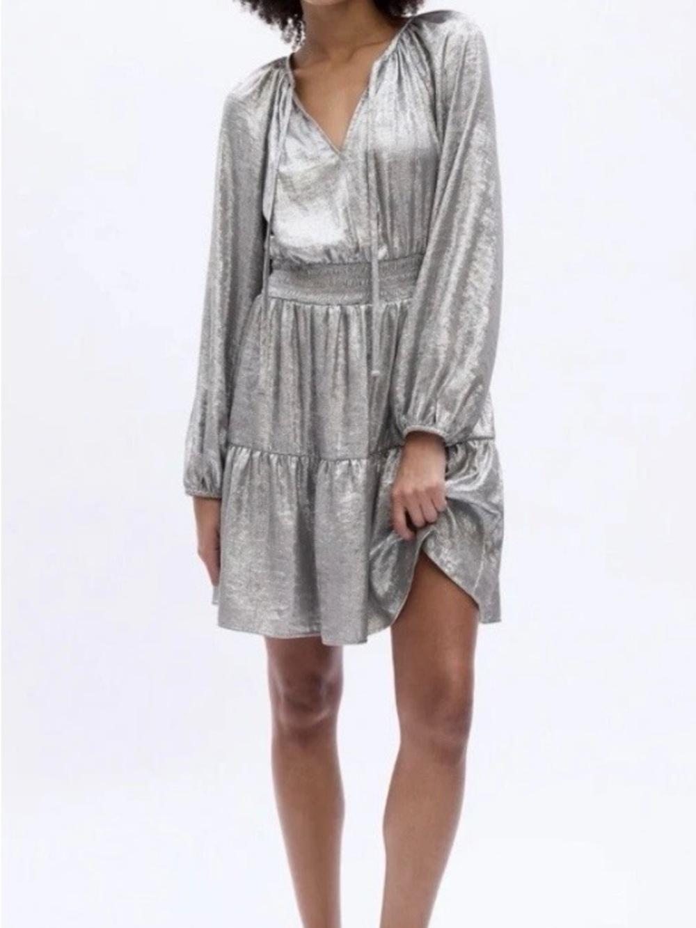 Gap Smocked Shine Mini Dress Silver Small Tired Peasant Fairly Boho Festival